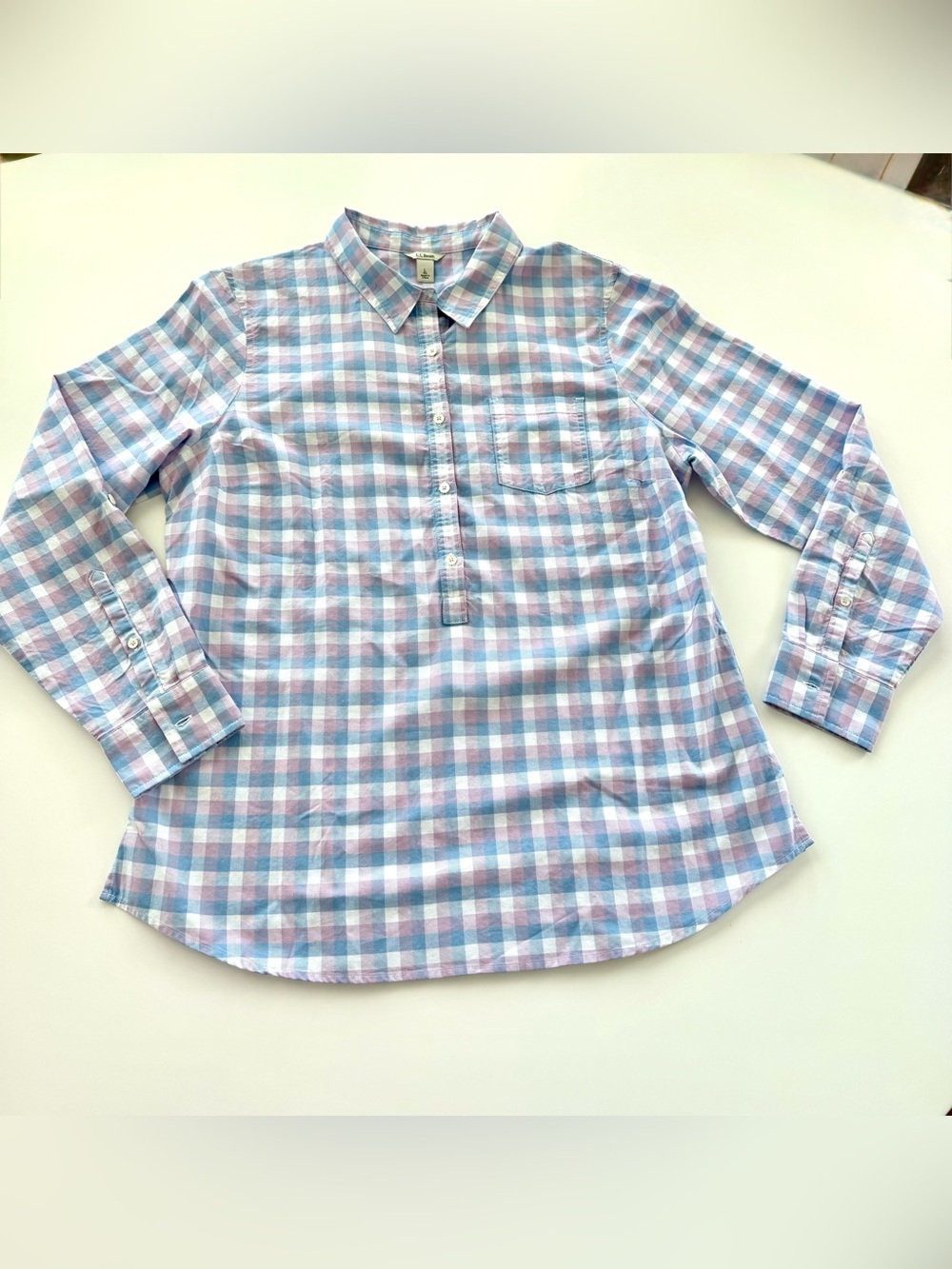 L.L. Bean Women’s Plaid Button-Up Shirt in Pastel Blue and Lavender, size L